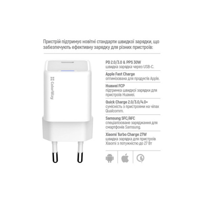 Зарядний пристрій ColorWay GaN Mini 30W PD Port PPS USB-C white (CW-CHS054PD-WT)