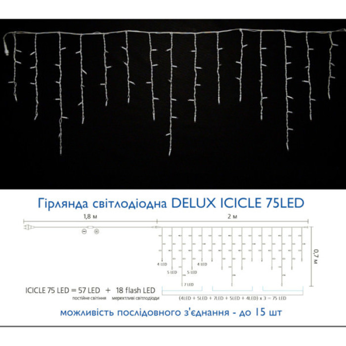 Гірлянда Delux ICICLE flash 75LED 2 х 0.7 м мульти/білий IP44 EN (90012956)