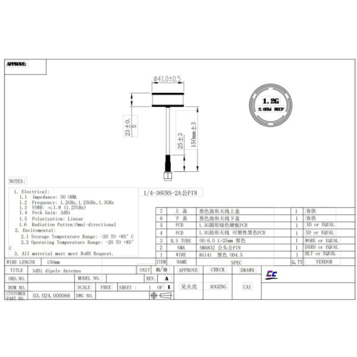 Антена для дрона Skyzone 1.2GHz 150mm SMA RHCP (1.2GANT)