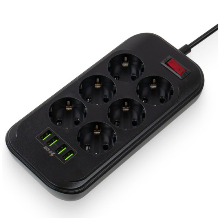 Мережевий фільтр живлення ColorWay CW-CHE64B, 6 розеток/4USB Black (CW-CHE64B)