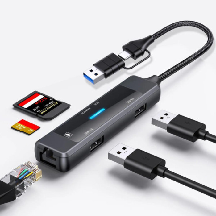 Концентратор XoKo USB-C 5-in-1 USB 3.0 + USB 2.0 + SD/TF + RJ45 100Mbps silver (XK-AC-350)