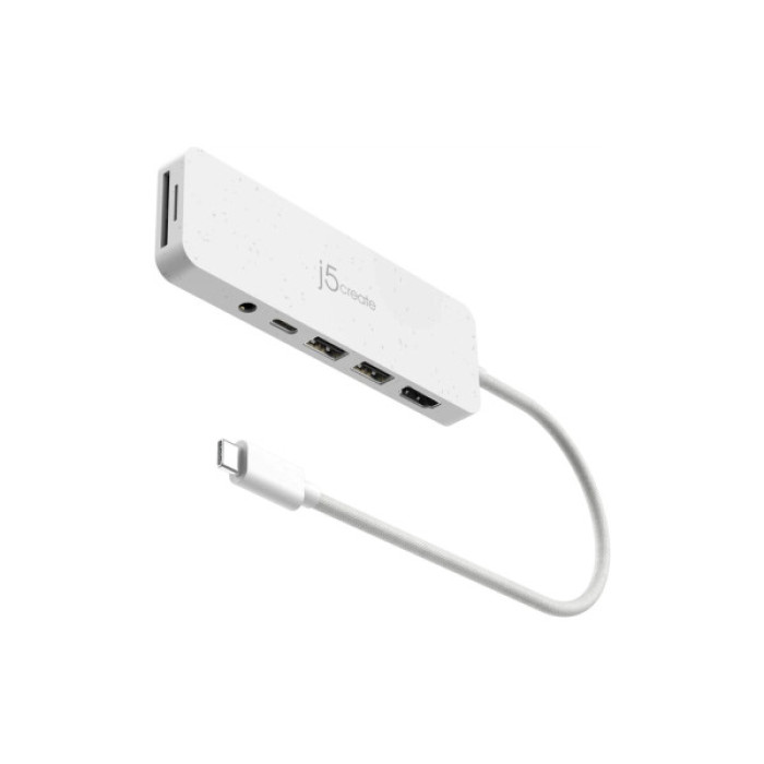 Концентратор J5create USB-C 6-in-1 2xUSB 3.2 + USB-C PD + HDMI 4K + SD/TF + 3.5mm white (JCD373EW-N)