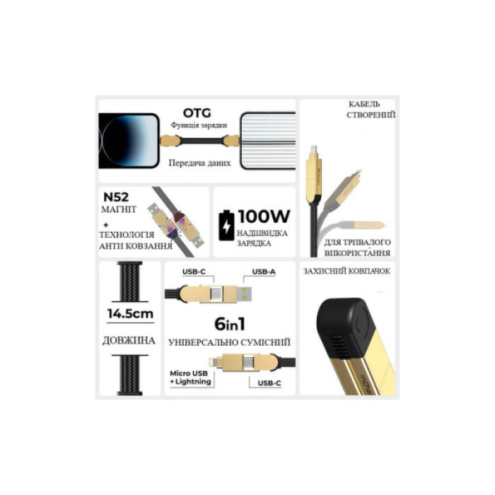 Дата кабель 6in1 inCharge X 0,14m 100W beige Rolling Square (X03WR)