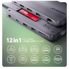 Концентратор AXAGON USB-C 12-in-1 HDMI + DisplayPort + RJ45 1000Mbps + PD100W aluminum gray (HMC-12GM2)