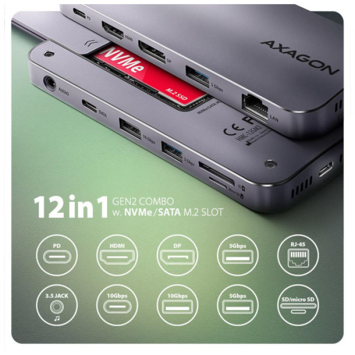 Концентратор AXAGON USB-C 12-in-1 HDMI + DisplayPort + RJ45 1000Mbps + PD100W aluminum gray (HMC-12GM2)