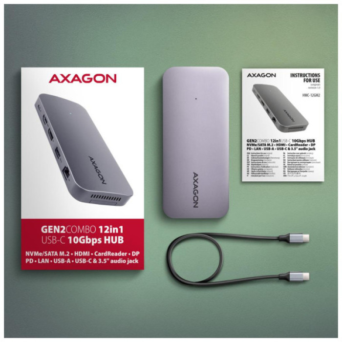 Концентратор AXAGON USB-C 12-in-1 HDMI + DisplayPort + RJ45 1000Mbps + PD100W aluminum gray (HMC-12GM2)