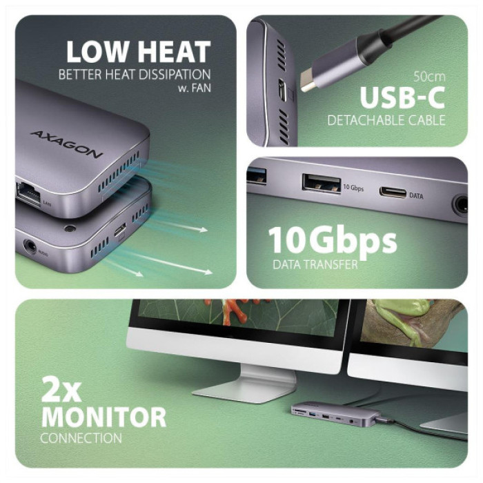 Концентратор AXAGON USB-C 12-in-1 HDMI + DisplayPort + RJ45 1000Mbps + PD100W aluminum gray (HMC-12GM2)
