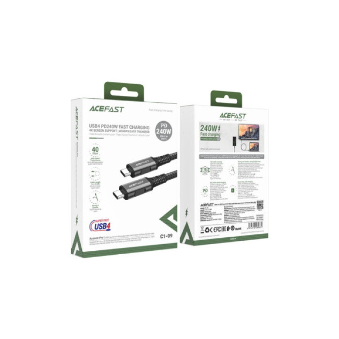Дата кабель USB-C to USB-C 1.0m USB 4.0 240W audio/video black-grey Acefast (6974316282631)