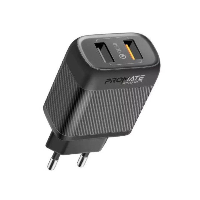 Зарядний пристрій Promate 18W 2xUSB-A (biplug-qc3.eu-bk)