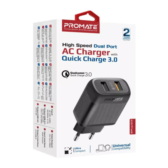 Зарядний пристрій Promate 18W 2xUSB-A (biplug-qc3.eu-bk)