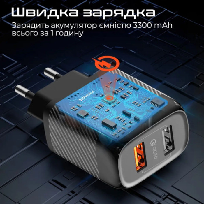 Зарядний пристрій Promate 18W 2xUSB-A (biplug-qc3.eu-bk)