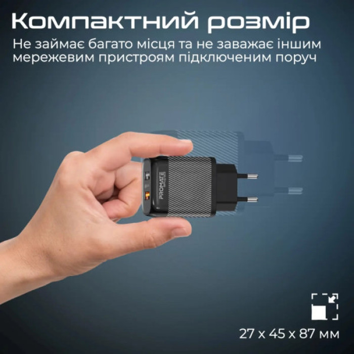 Зарядний пристрій Promate 18W 2xUSB-A (biplug-qc3.eu-bk)