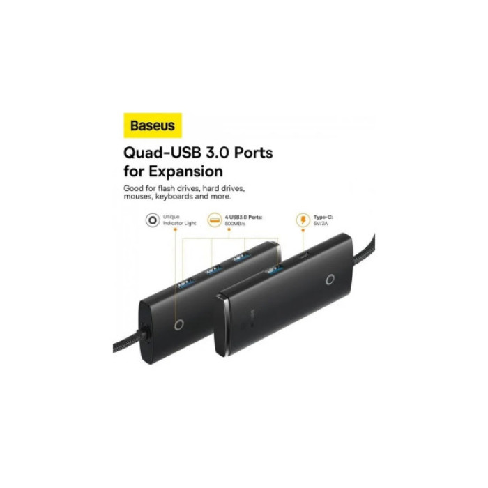 Концентратор Baseus USB 3.0 to 4xUSB 3.0 1.0m black (WKQX030101)