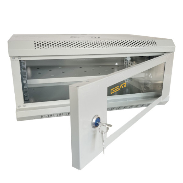 Шафа настінна GEAR 4U 19" 600x450x280 мм, + полка 19", grey (GWMSN-4U-600-450G)
