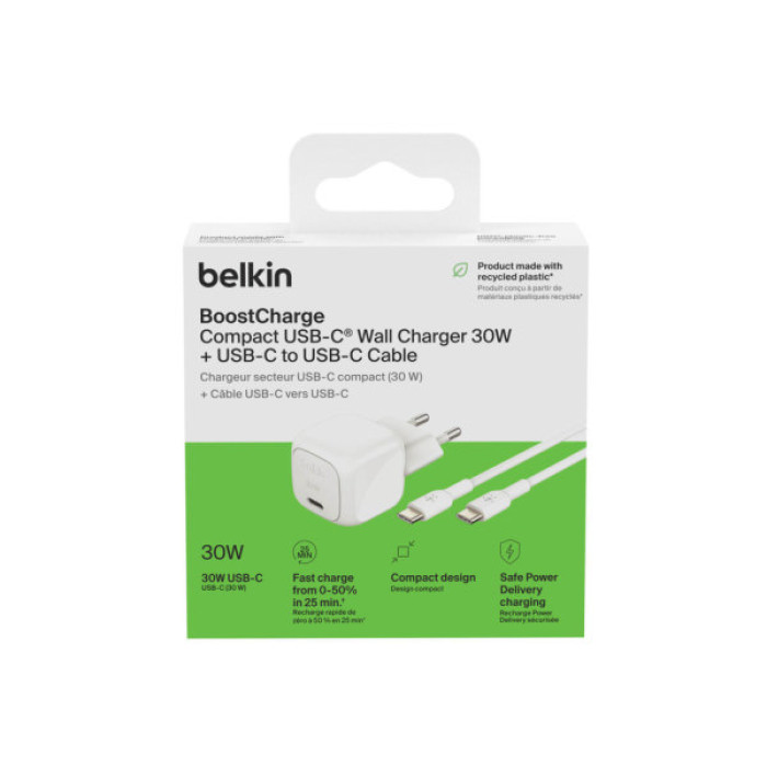 Зарядний пристрій Belkin USB-C PD30W PPS + cable USB-C to USB-C 1.0m PVC white (WCA008KQ1MWH-B6)