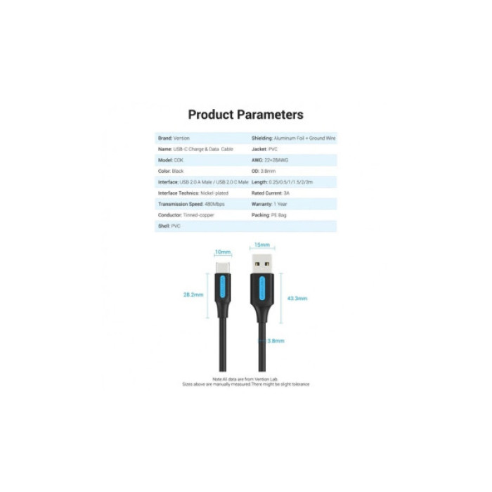 Дата кабель USB 2.0 AM to USB-C 1.5m 3A black Vention (COKBG)
