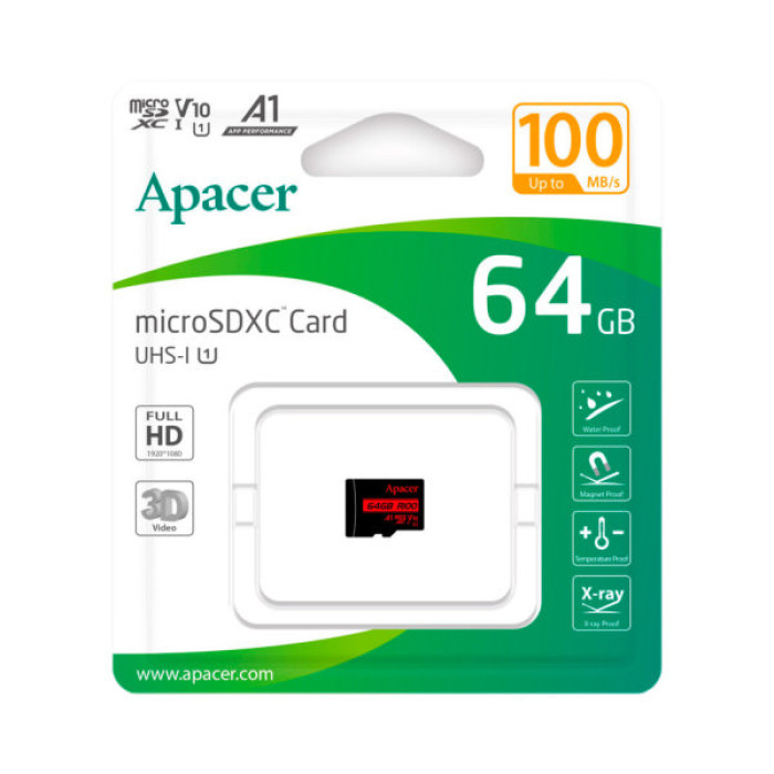 Карта пам'яті Apacer 64GB microSD class 10 UHS-I V10 A1 (AP64GMCSX10UB-RA)