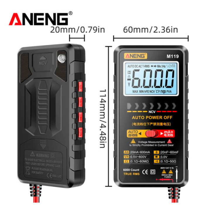 Цифровий мультиметр ANENG M119, V, A, R, C, T, F, функція hFE (M119)