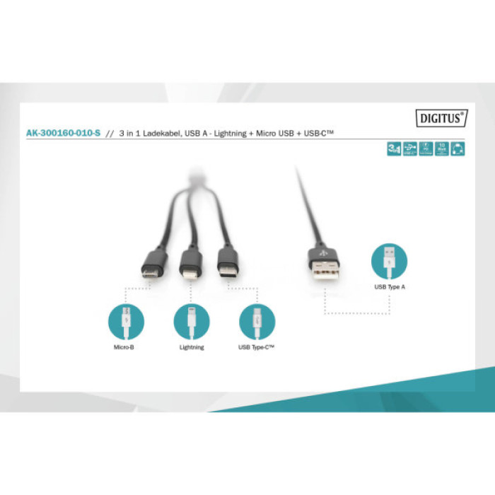 Дата кабель USB 2.0 AM to Lightning + Micro 5P + USB-C 1.0m charge only Digitus (AK-300160-010-S)
