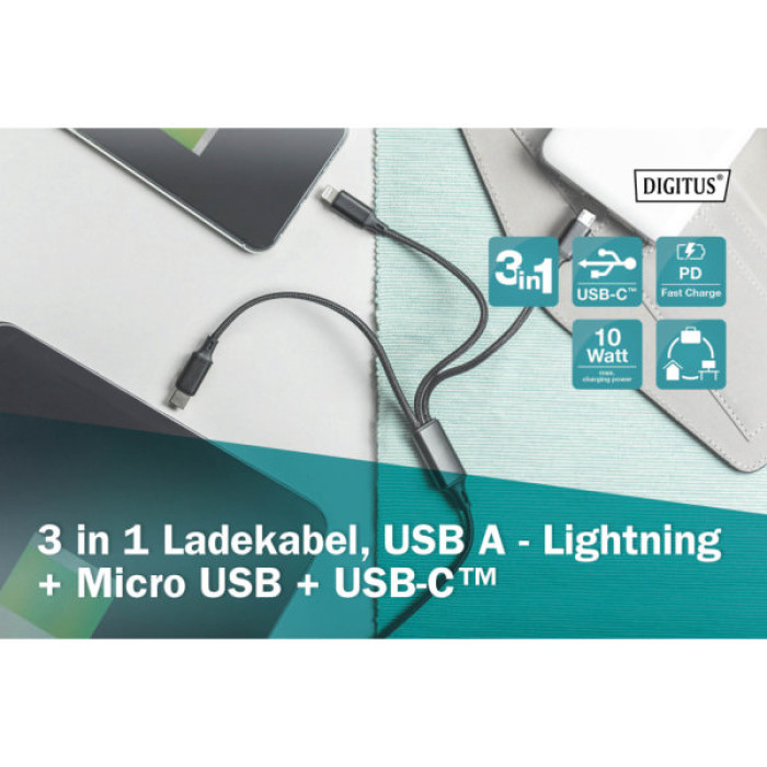 Дата кабель USB 2.0 AM to Lightning + Micro 5P + USB-C 1.0m charge only Digitus (AK-300160-010-S)