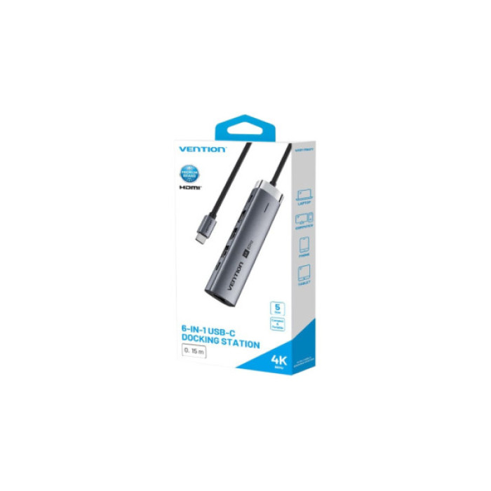 Концентратор Vention USB-C 6-in-1 HDMI + 2xUSB 3.0 + RJ45 + PD 100W (TGNHB)