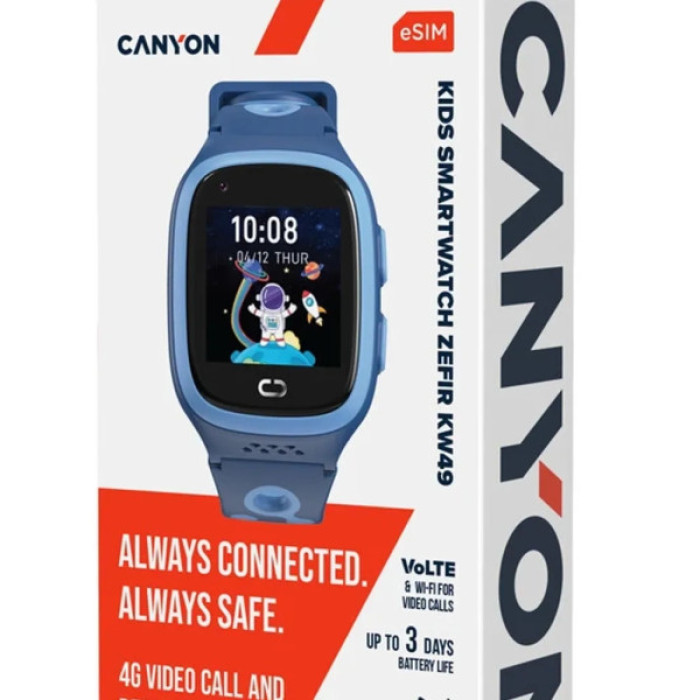 Смарт-годинник Canyon ZEFIR KW-49 E-SIM 4G GPS Blue Дитячий смарт-годинник (CNE-KW49BL)