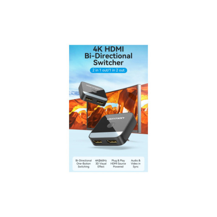 Спліттер VENTION HDMI 2.0 UHD 4K 60Hz 3D, HDCP,1080P перемикач двонаправлений (AKOB0)