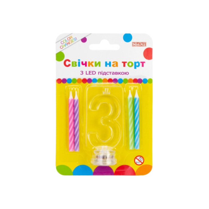 Свічка Maxi 4 шт. на торт з LED підставкою "3", що світиться (MX701007-3)