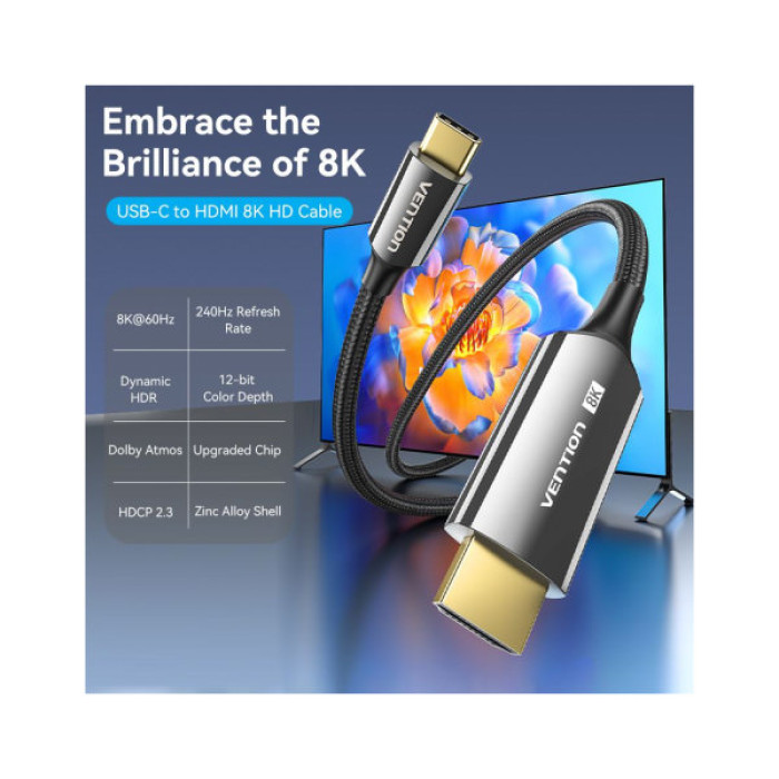 Кабель мультимедійний USB-C to HDMI M 1.8m 8K60Hz black Vention (CRCBAC)