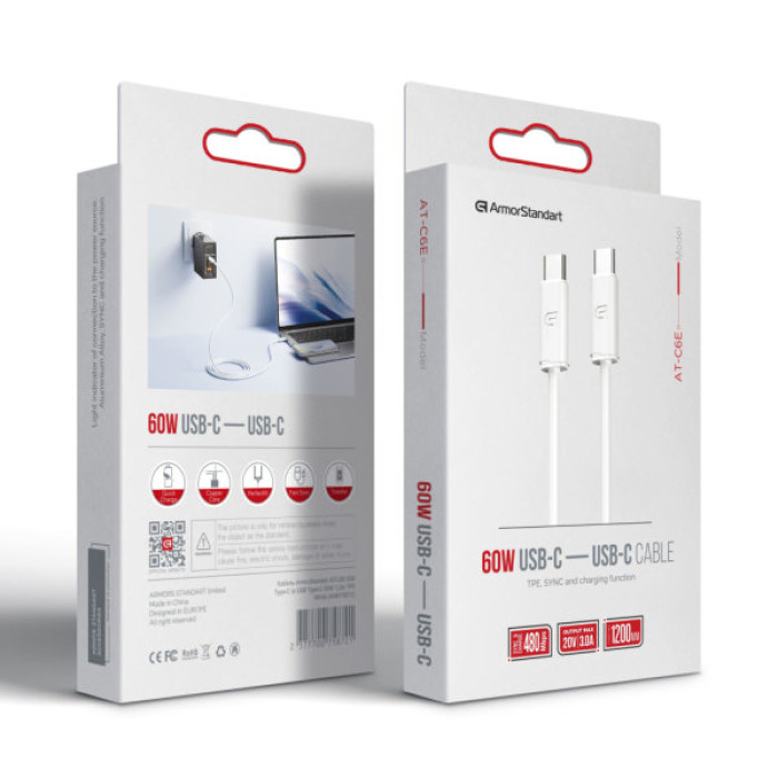 Дата кабель USB-C to USB-C 1.2m TPE 60W white Armorstandart (ARM75872)