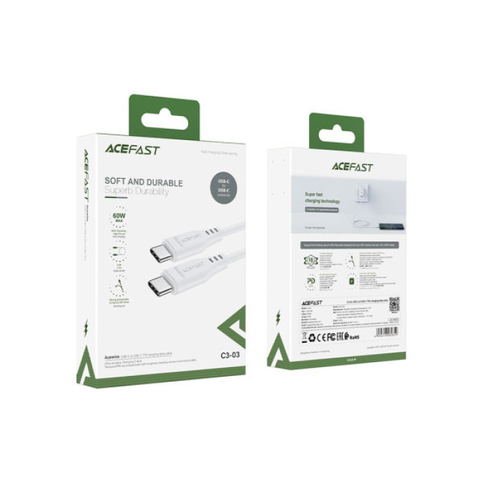 Дата кабель USB-C to USB-C 1.2m 3A TPE C3-03 White Acefast (6974316280859)