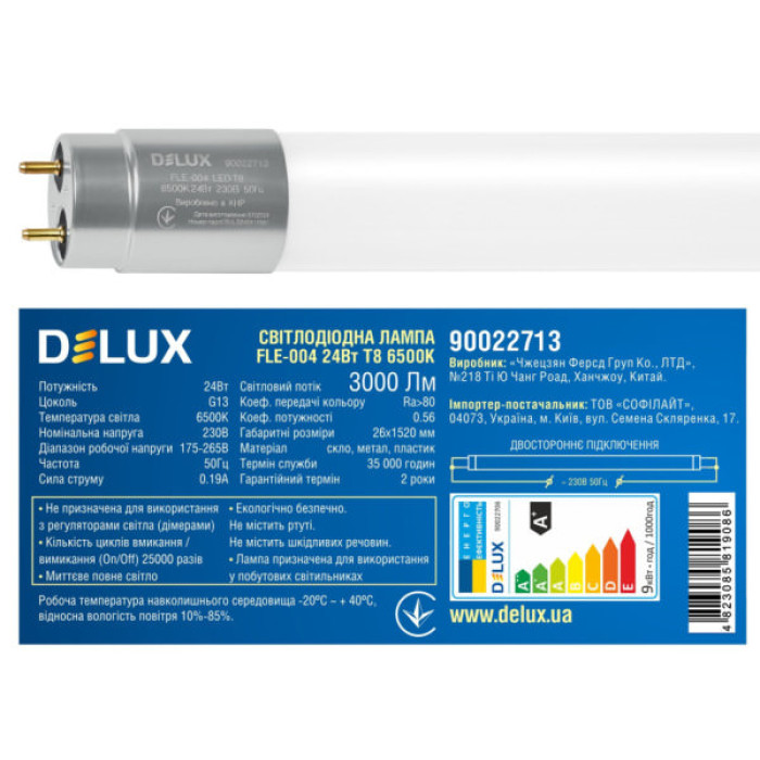 Лампочка Delux FLE-004 24 Вт 1,5м T8 6500K 230В G13 скло (90022713)