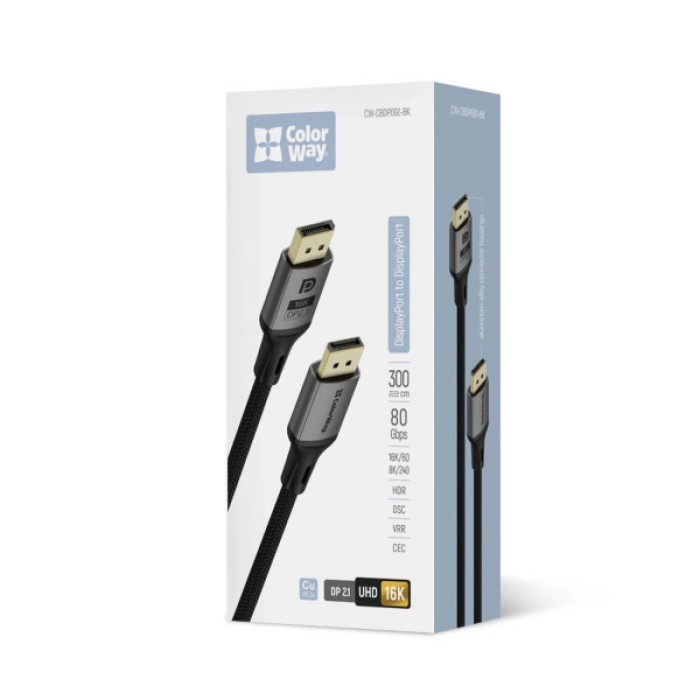 Кабель мультимедійний DisplayPort M to DisplayPort M 3.0m V2.1 16K black ColorWay (CW-CBDP092-BK)