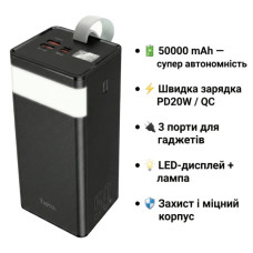 Батарея універсальна HOCO 50000mAh Powermaster PD/20W, QC/22.5W, Lamp, Black (J86A / 714738)
