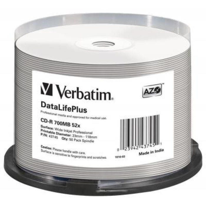 Диск CD Verbatim CD-R 700Mb 52x Cake box Printable (43745)