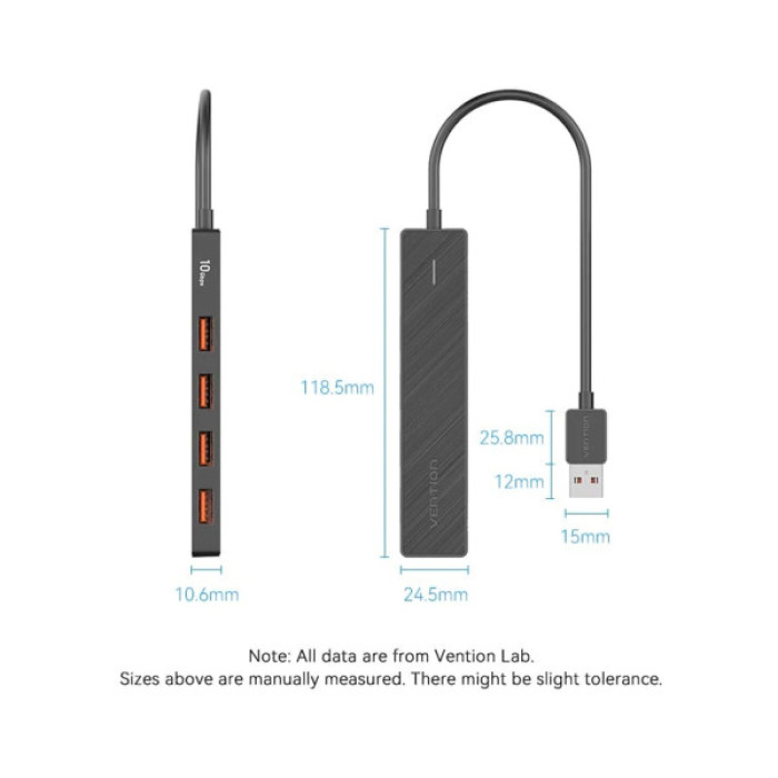 Концентратор Vention USB to 4xUSB 3.2 Gen2 + USB-C 10Gbps 0.15m black (CHOBB)