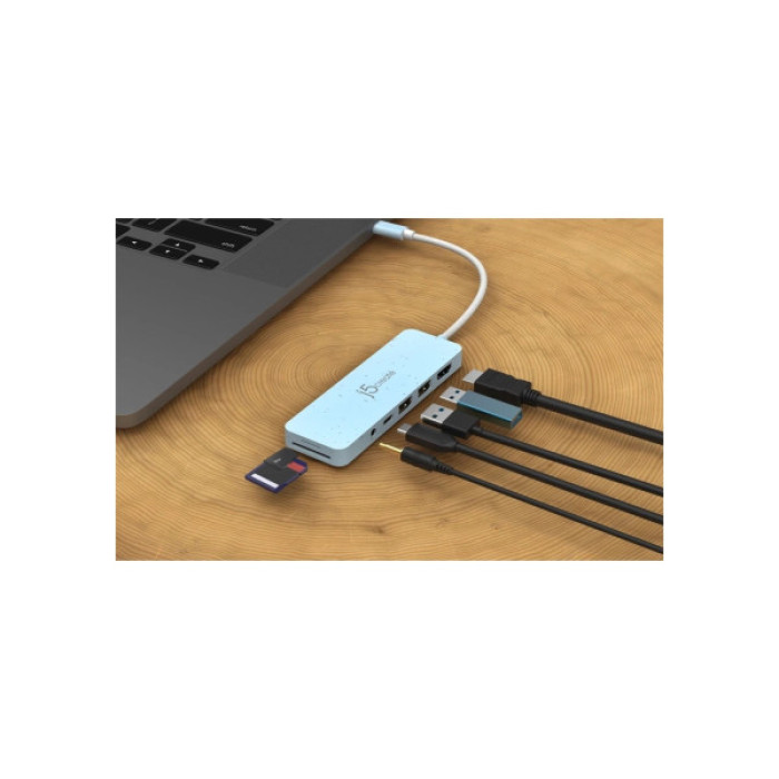 Концентратор J5create USB-C 6-in-1 2xUSB 3.2 + USB-C PD + HDMI 4K + SD/TF + 3.5mm cyan (JCD373EC-N)