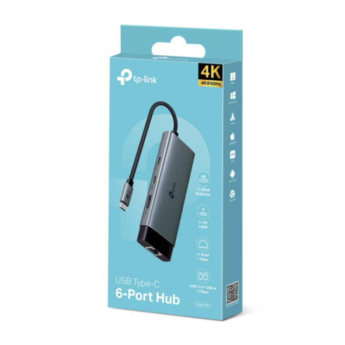 Концентратор TP-Link USB 3.0 6-in-1 2xUSB 3.0 + 1xUSB-C + 1xHDMI + 1xRJ45 + PD 100W (UH6120C)