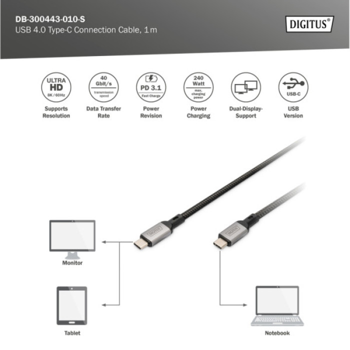 Дата кабель USB-C to USB-C 1.0m USB 4.0 black Digitus (DB-300443-010-S)