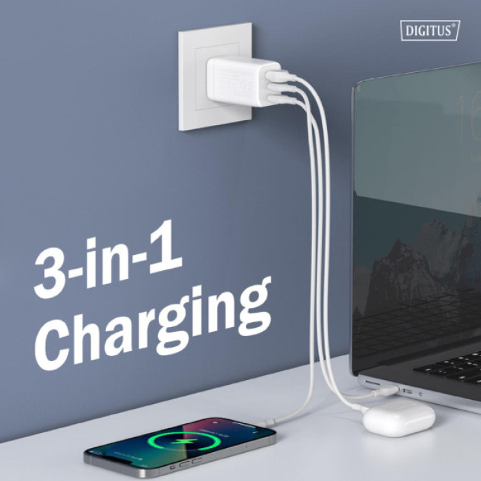 Зарядний пристрій Digitus 2xUSB-C + 1xUSB 67W GaN (DA-10303)
