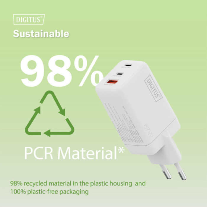 Зарядний пристрій Digitus 2xUSB-C + 1xUSB 67W GaN (DA-10303)
