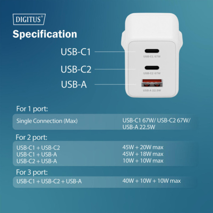 Зарядний пристрій Digitus 2xUSB-C + 1xUSB 67W GaN (DA-10303)
