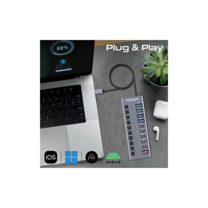 Концентратор Promate USB-C 10-in-1 5xUSB-C + 5xUSB gray (gegahub-5g)