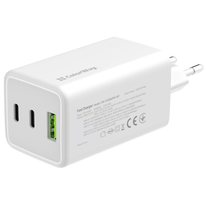 Зарядний пристрій ColorWay C101B GaN Mini 100W PD PPS 2xUSB-C + USB-A white (CW-CHS061PD-WT)