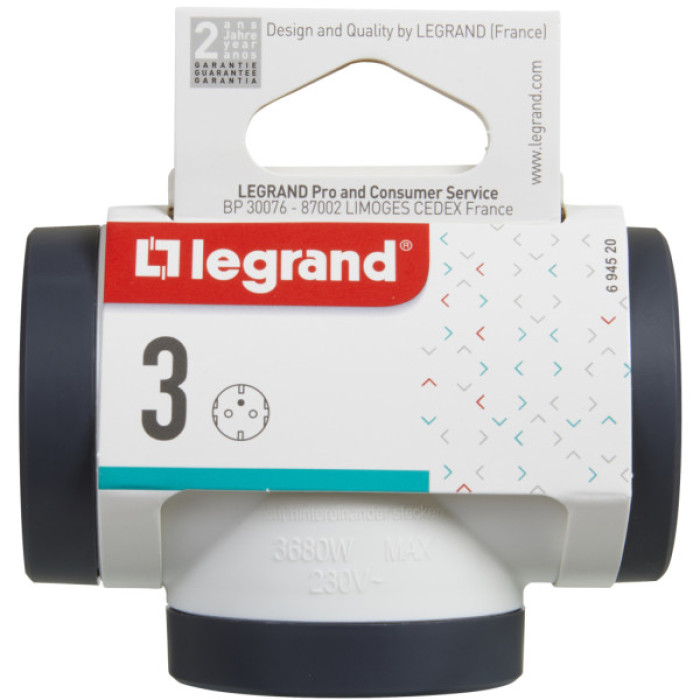 Мережевий розгалужувач LEGRAND ПРЕМІУМ 3х2К+З бокові розетки, колір Білий/Чорний (694520)