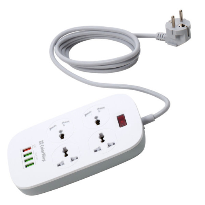 Мережевий фільтр живлення ColorWay 4 розетки/4USB White 1.8м (1QC3.0 + 3 AUTO ID) (CW-CHU44QW)