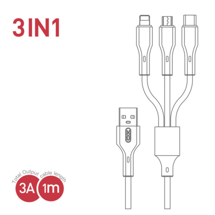 Дата кабель USB 2.0 AM to Lightning + Micro 5P + USB-C 3A black XO (CB-23U3-BK)