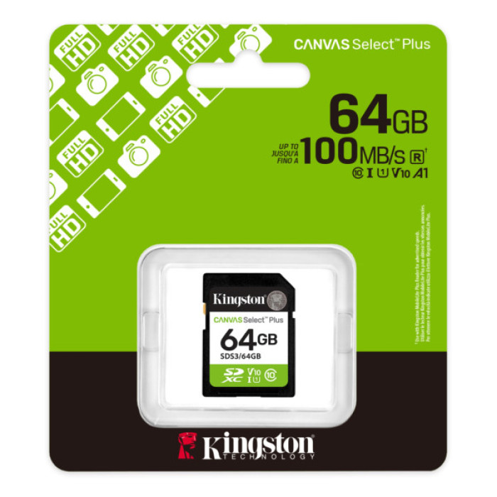 Карта пам'яті Kingston 64GB SDXC class 10 UHS-I V10 A1 Canvas Select Plus (SDS3/64GB)