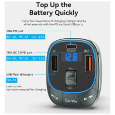 FM модулятор VENTION PD 54W 3-Port USB (C+A+A) LED/USB Flash/Bluetooth, вольтметр (FFLB0)