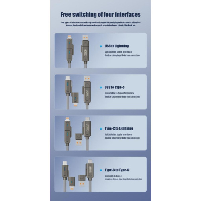 Дата кабель USB 2.0 AM to USB-C + USB 2.0 AM to Lightning 1.0m 60W gray XO (NB275_4-in-1_Gray)